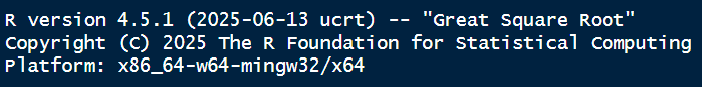 A screenshot of what version of R should appear when you open RStudio. The version reads 'R version 4.5.1 (2025-06-13) -- 'Great Square Root''.